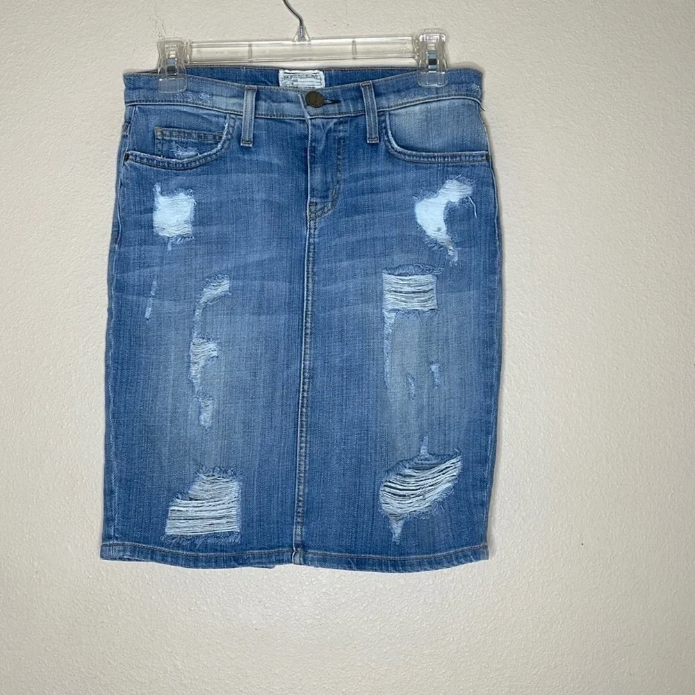 Current Elliott Distressed Knee Length Denim Pencil Skirt Size 26